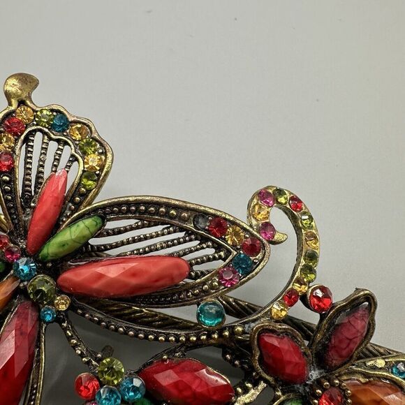 Vintage 1980s Hair Clip Gold Colored Metal Butterfly Colorful Rhinestones Beads - Picture 3 of 7